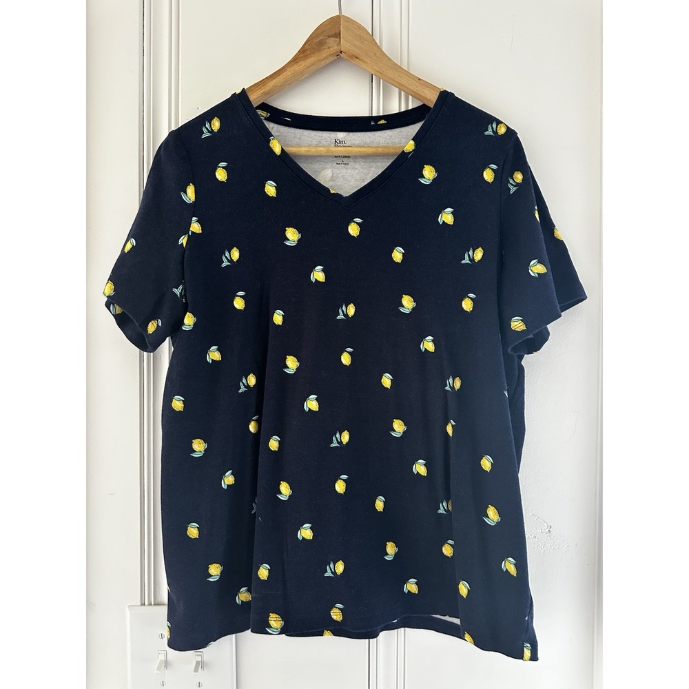 Kim Rogers Lemon Print V Neck Tee Womens Large Navy Cotton Short Sleeve